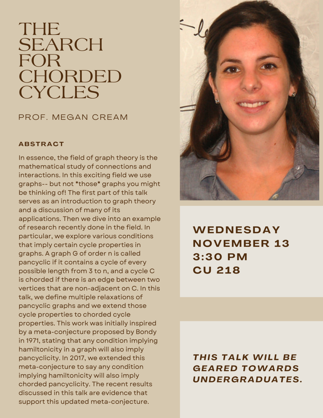 Department of Mathematics Fall 2024 Colloquium Flyer - Megan Cream