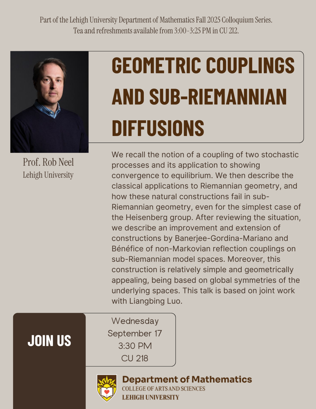 Department of Mathematics Fall 2025 Colloquium Series - Rob Neel